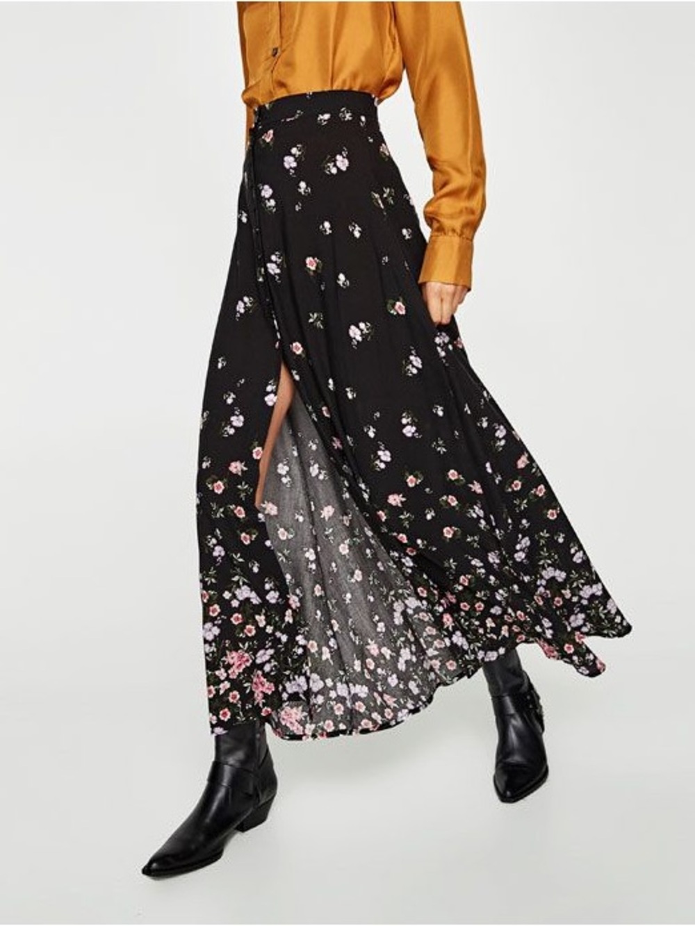 Zara Black Maxi Skirt with Pink and White Floral Border Bohemian Festival Indie